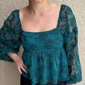 Altar'd State Teal Floral Lace Peplum Blouse